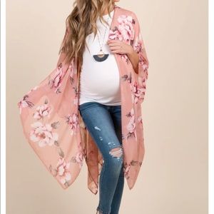 Pink Floral Chiffon Draped Maternity Kimono